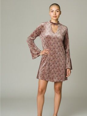 Chloah Boutique Crushed Velvet Choker Neck Bell Sleeve Floral Mini Dress